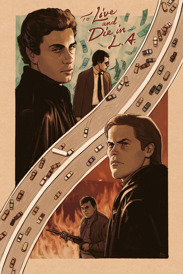 Illustrated poster for the movie To Live and Die in L.A. (1985, dir. William Friedkin) featuring likenesses of William Petersen and Willem Dafoe with an aerial rendering of a busy highway diagonally bisecting their respective sides of the composition.