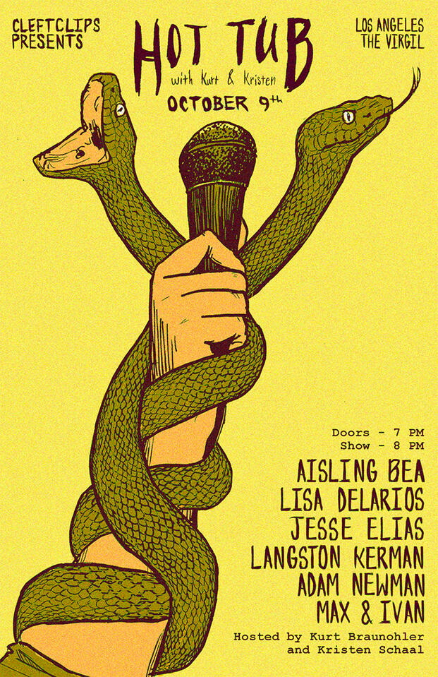 Hot Tub poster with an illustration of two snakes intertwined around an arm.