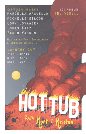 Poster for Hot Tub with Kurt & Kristen featuring the title type (in the style of the Hollywood sign) on fire.